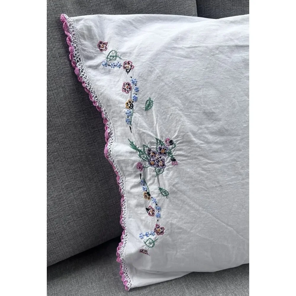 Vintage Hand Embroidered White Cotton Pillow Cover 27x20